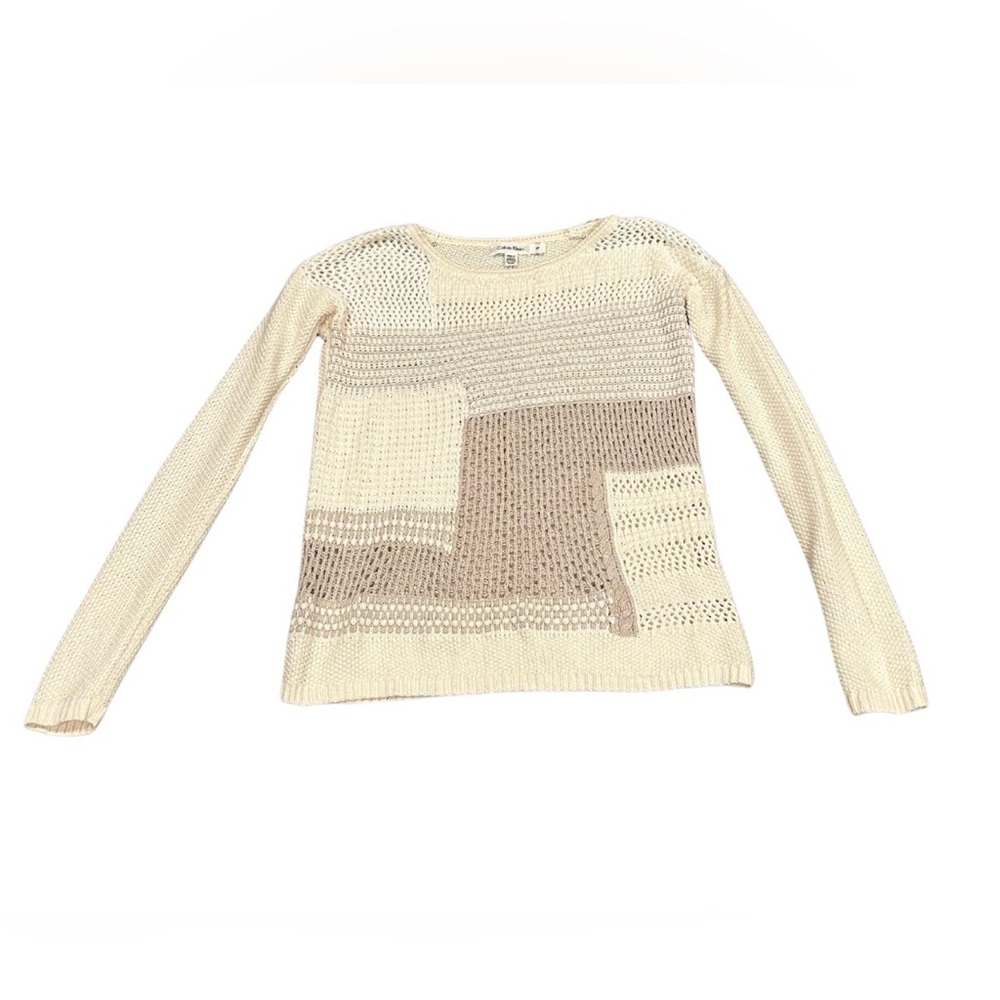Calvin Klein Patchwork Contrast Knit Crew Neck Sweater | Cream | Size S